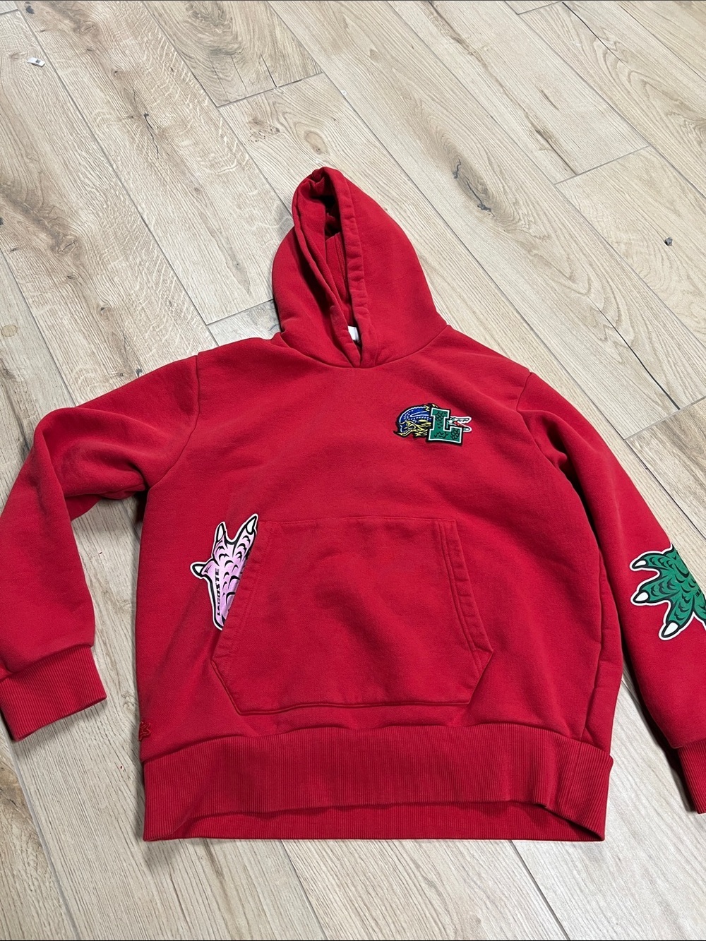 Lacoste Red Hoodie with Graphic Patches